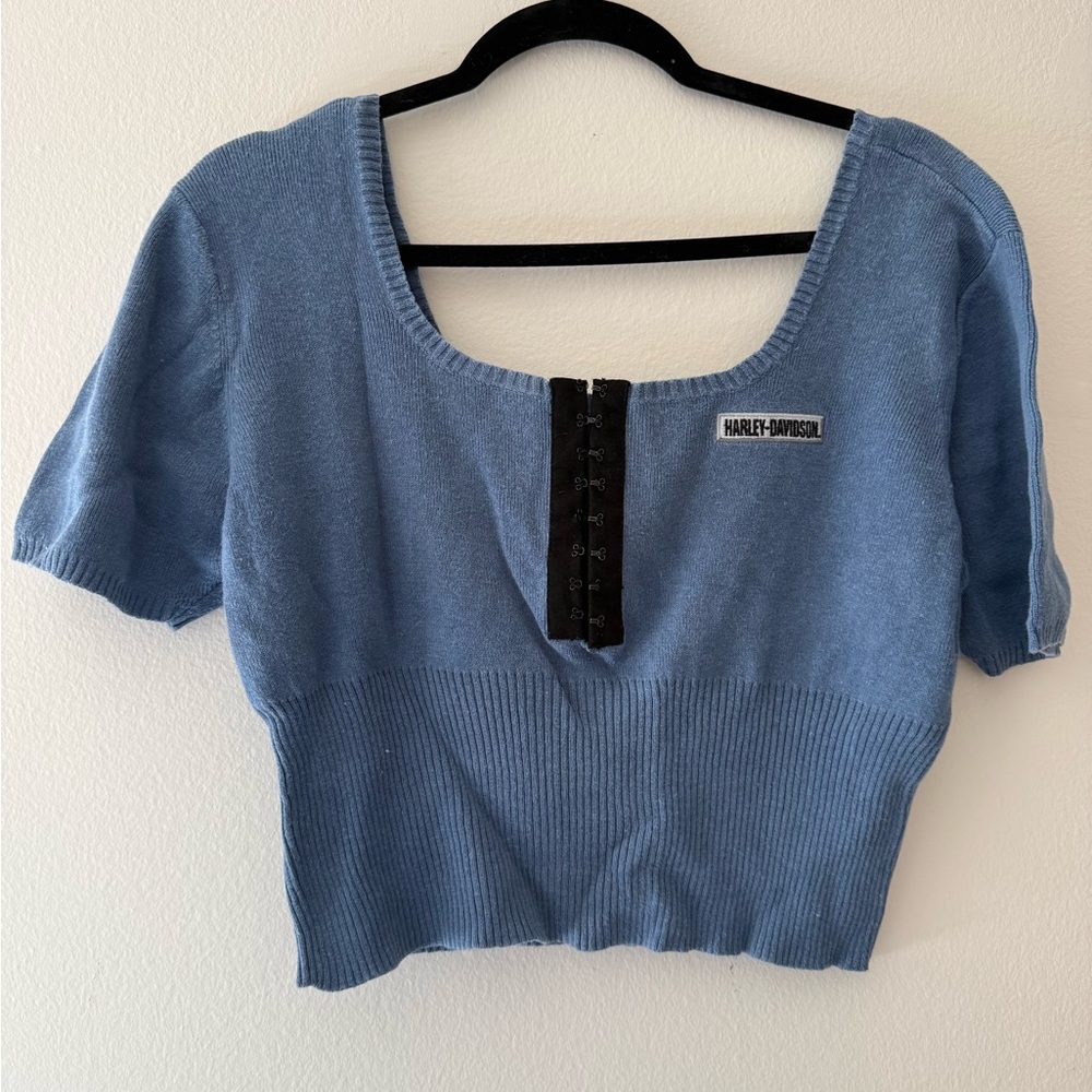 Vintage Harley-Davidson Women's Blue Knit Blouse
